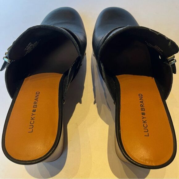 Lucky Brand Black Leather Mules with Wooden Wedge - Picture 8 of 9